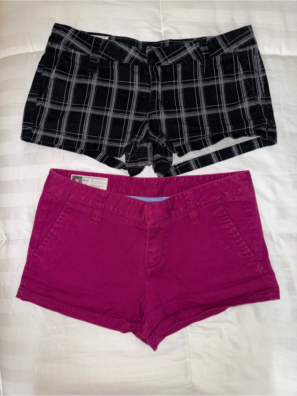 Hurley TWO PAIRS: Women’s Casual Plaid Black & Magenta Cotton Shorts